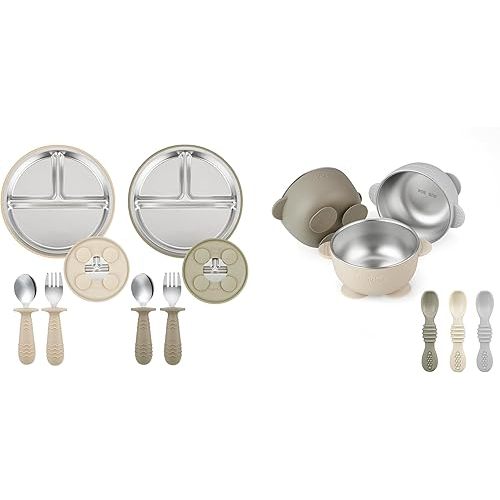 PandaEar 2 Pack Stainless Steel Baby Plates & 2 Pack Spoons and Forks Set & PandaEar 3 Pack Bowls