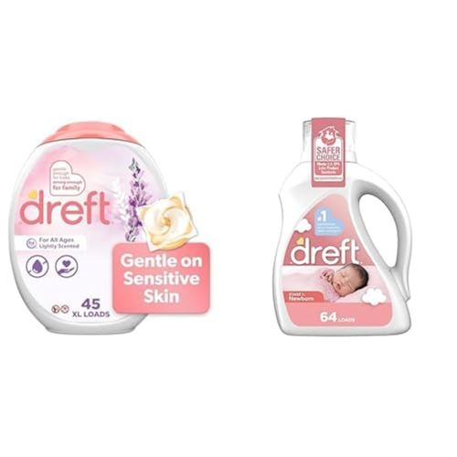 Bundle of Dreft Laundry Detergent XL Pacs, Lavender, 45 Count + Dreft Stage 1: Newborn Hypoallergenic Liquid Baby Laundry Detergent (HE), Natural for Baby, Newborn, or Infant, 92 Oz (64 loads)