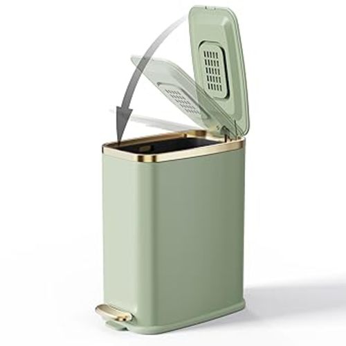 CEROELDA Small Bathroom Trash Can with Lid Soft Close-5L/1.3 Gal Slim Garbage Can-Metal Step Wastebasket-Rectangle Narrow Waste Bin for Office, Bedroom, Toilet, Live Room-Green