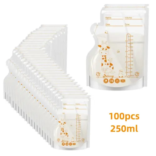 250ml 100pcs Breastmilk Storage Bag Self Standing Baby Food Storage Containers No Leak Milk Freezer Bags Safe Feed BPA Free