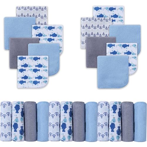 Viviland Baby Washcloths, Super Soft Baby Bath Towels for Newborn 24 Pack, Absorbent Face & Body Wash Cloth for Baby Boy, Blue-Whale Pattern, 9 x 9 inch
