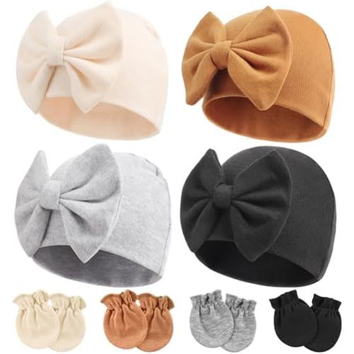 Newborn Baby Hats and Mittens Set Infant Bow Beanie Cap Toddler Gloves Newborn Hospital Hats for Baby Boy Girl 0-6 Months