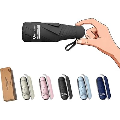 BAODINI Travel Essentials Mini Umbrella for Purse With Case Small Compact UV Sun Protection Lightweight Tiny Pocket Manual Open Close Umbrella for Women Kids and Men Fit Purse Backpack