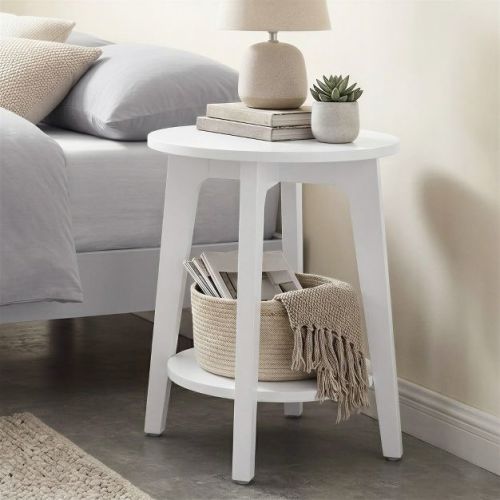 MAEZO Collection - Round Side Table with Lower Shelf, End Table for Small Spaces, Nightstand for Living Room, Bedroom, White