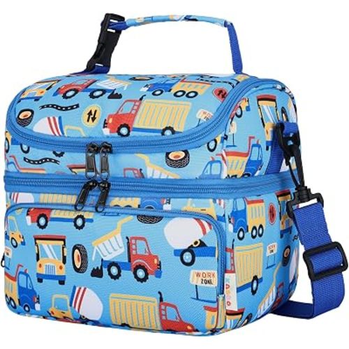 Kasqo Dual Compartment Lunch Bag for Boys, 7.5L Large Lunch Box, Blue Car