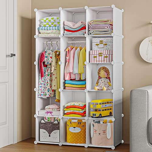 Portable Baby Wardrobe, Modular Kids Dresser,Children Nursery Closet Organizer, 15 Cubes with Hanging Rods,Bedroom,Boys and Girls Storage Shelf, Armoire Clothes Cubby(White)