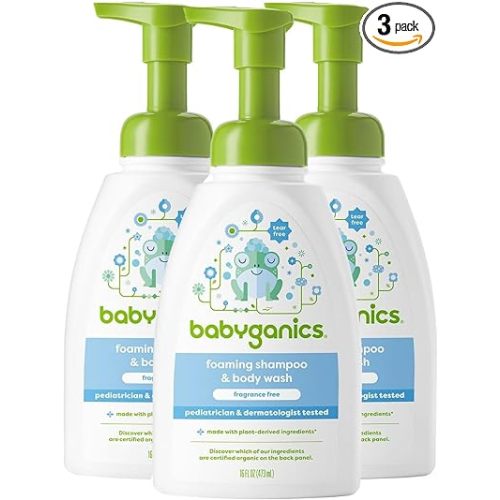 Babyganics Baby Shampoo + Body Wash Pump Bottle, Fragrance Free, 16oz, 3 Pack