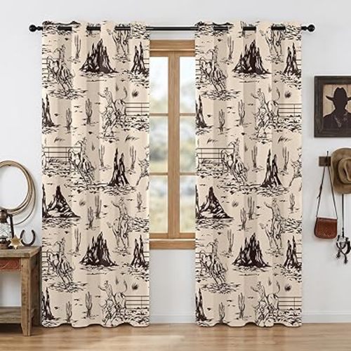 Western Cowboy Blackout Curtains – 100% Blackout Rustic Western Rodeo & Cowboy Design, Thermal Insulated Noise Reducing for Bedroom, Living Room & Man Cave (Desert Cowboy Sketch, W52xL84, 2 Panels)