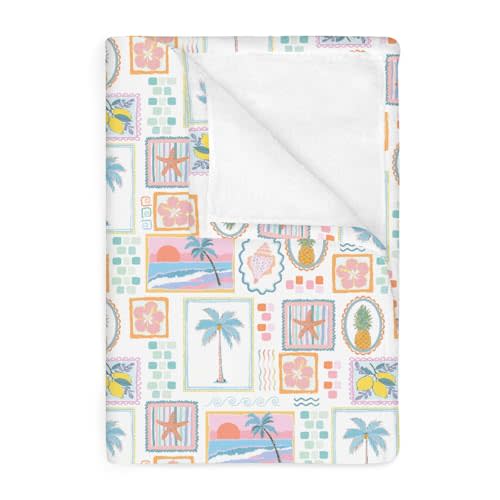 Colorful Beach Patchwork Baby Blankets for Girl Bright Summer Seashells Girly Soft Flannel Nursery Bed Blanket for Infant Toddler Crib Boho Pineapple Lemon Palm Tree Starfish Swaddle Blanket 30x40