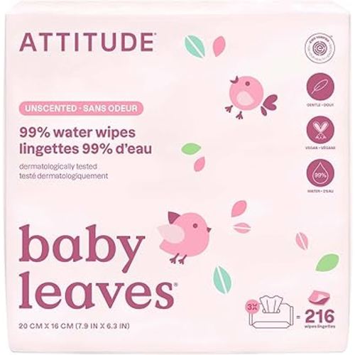 ATTITUDE Baby Water Wipes, EWG Verified, Safe for Newborns, Unscented & Fragrance-Free, 99% Water, Gentle & Hypoallergenic, Vegan & Dermatologically Tested, Travel Pack with Hard Lid, 72 Count (Pack of 3)