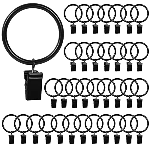 HOOSUN 36 Pack Curtain Rings with Clips,Metal Curtain Hooks for Drapes Bows Hat,Black Curtain Rings Hanger Clip,Curtain Rod Small Clips,Curtain Ring Inside Diameter 1.26 in,Fits Curtain Rod Up to 1 in