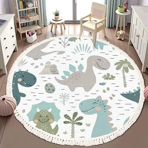 Round Rugs Dinosaur Baby boy Childish Sweet Dino with Palm and Cactus Boho Area Rug Linen and Cotton Carpet Meditation Rug Washable Hallway Runner Mat Accent Rug for Bedroom Bathroom 6ft