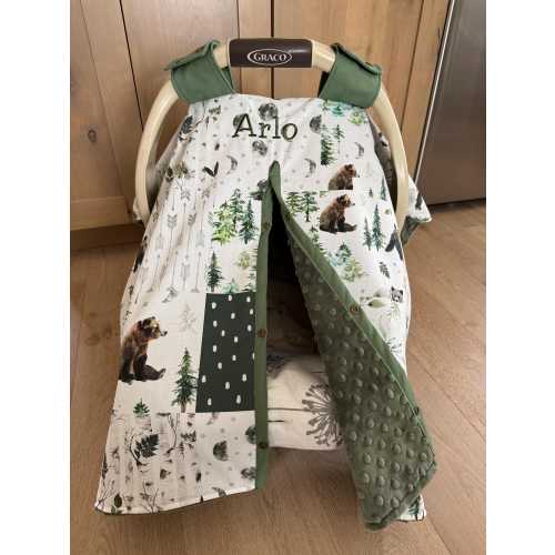 Woodland Bear Baby Car Seat Canopy – Cotton or Minky, Shower Gift