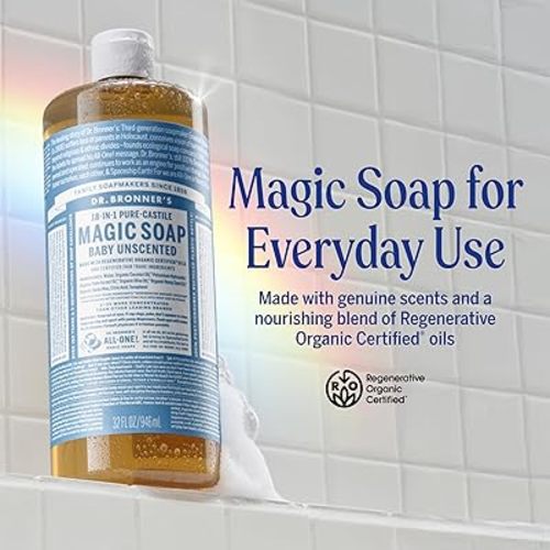 Dr. Bronner's Pure-Castile Magic Soap Liquid (Baby Unscented, 32 Ounce) – Made with Regenerative Organic Certified Oils – For Sensitive Skin, Babies, Face, Hair, Laundry, Dishes, Hand Soap & Body Wash