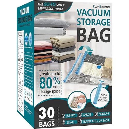 Cozy Essential Vacuum Storage Bags, 80% Compression Vacuum Seal Space Saver Plastic Packaging Bags for Clothes, Blankets, Pillow, Bedding, Comforters, Sealer Clothing Storage,30 Combo