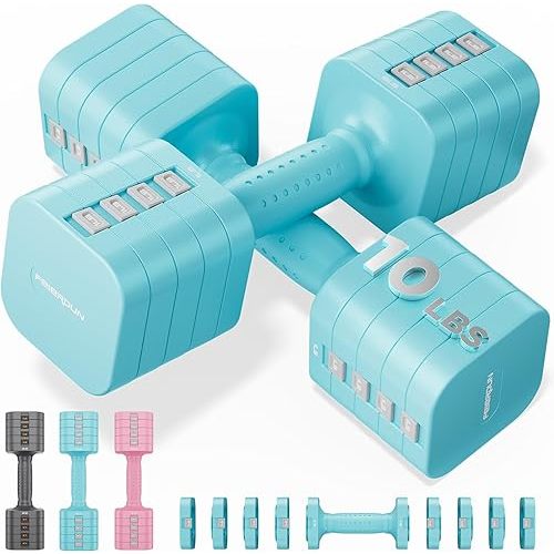FEIERDUN 5-in-1 Adjustable Dumbbell Set of 2, 20LBS/10LBS Hand Weights for Women, 1s-Adjust Dual-Stable Dumbbell Set for Women Home Gym & Outdoor