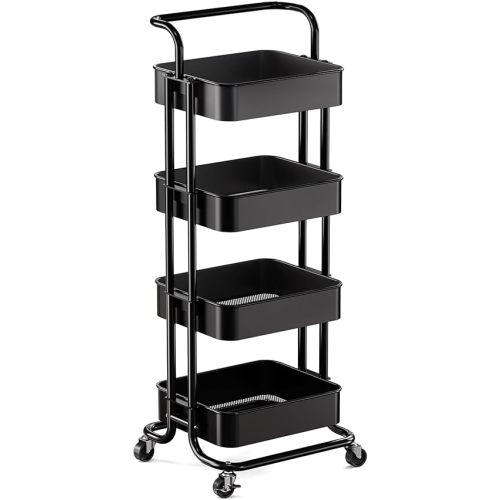 Pipishell 4 Tier Mesh Utility Cart, Rolling Metal Organization Cart with Handle and Lockable Wheels, Multifunctional Storage Shelves for Kitchen Living Room Office Black