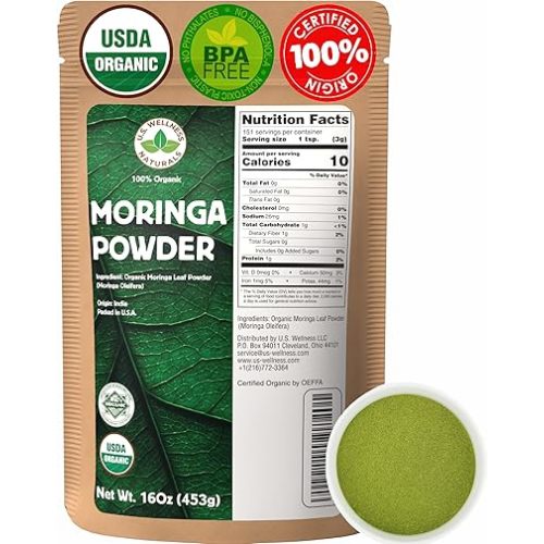 U.S. Wellness Naturals Moringa Powder 1LB (16Oz) 100% Certified Organic| 100% Pure Moringa Leaf NO Stems| - Raw from India | Smoothies | Drinks | Tea | Recipes - Resealable Bag