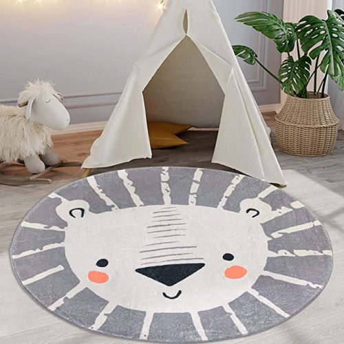 ABREEZE Large Round Kids Play Mat 5.3ft,Lion Nursery Rug Fluffy Faux Wool Kids Rug Soft Plush Non-Slip Childrens Carpet for Bedroom Living Room Playroom,Grey