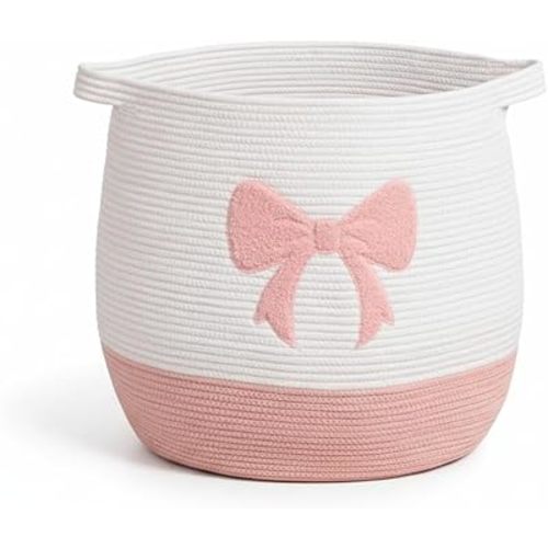 Pink Bow Laundry Basket for Baby Girl, Large Cotton Rope Baby Laundry Hamper for Nursery, Toy & Blanket Storage Basket with Handles, 17"x15.7"