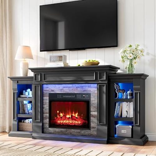 Naice 72" Electric Fireplace with Mantel and Cabinets, LED Light Fireplace TV Stand for TVs up to 80", 3D Realistic Flame Heater with Stacked Stone Surround for Living Room, Black