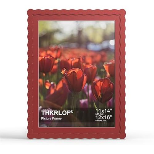 12x16 Picture Frame with Mat for 11x14, Wavy Edge Wooden Real Glass Photo Frame for Wall Hanging, Red, 1 Pack