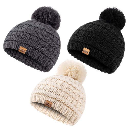 REDESS Baby Kids Winter Warm Beanie Hats, Infant Toddler Children Pom Pom Beanie Knit Cap Girls Boys-3 Pack