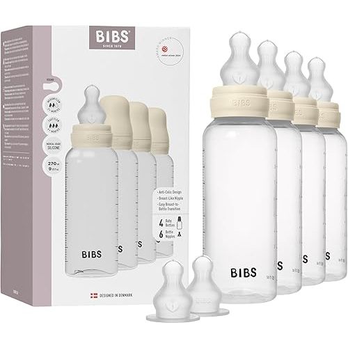 BIBS Baby Bottle 270 ml Silicone Nipple 4 Pack - Anti-Colic, BPA-Free, Round Nipple, Lightweight & Easy to Clean, Suitable for Newborns 0+ Years, 4-Pack + 2 Extra Nipples - Ivory