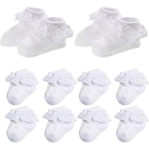 Baby Girl Lace Socks, Soft Cotton Ruffle Dress Socks for Newborns 0-3/3-6/6-12/12-24 Months, Ankle High