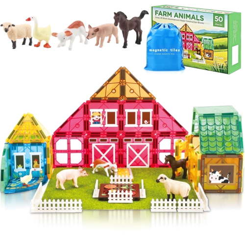 FunMagic Magnetic Tiles Farm Animal Toys Set for Toddles Kids, Montessori STEM Educational Magnetic Building Blocks for 3+ Year Old Boys Girls