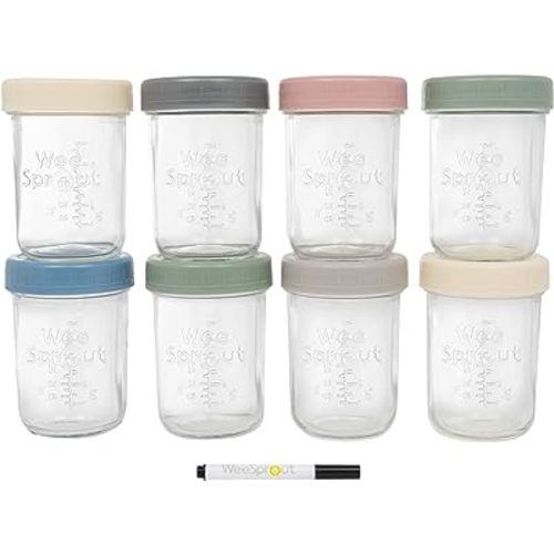 WeeSprout Glass Baby Food Storage Jars w/Lids (8 oz, 8 Pack Set) Snack, Puree, Reusable Small Containers, Breast Milk, Fridge or Freezer, Microwave & Dishwasher Safe, Essential Must Have for Infants