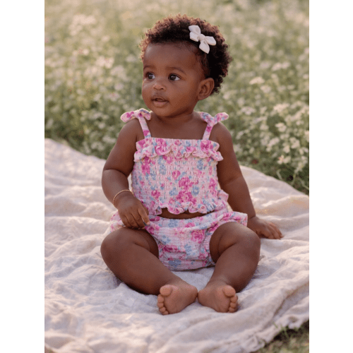 Muslin Smocked Ruffle Top & Bloomer, Garden Secrets