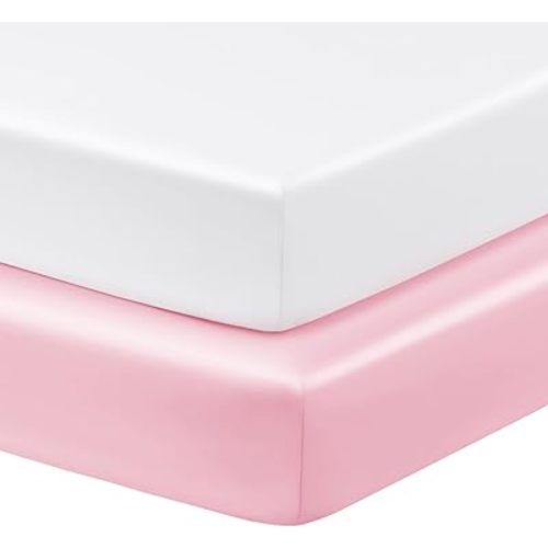 Horbaunal 2 Pack Satin Crib Sheets for Baby, 52" x 28" x 8" Silky Fitted Crib Sheets, Soft Toddler Sheet Baby Mattress Sheet, Blush Pink & White