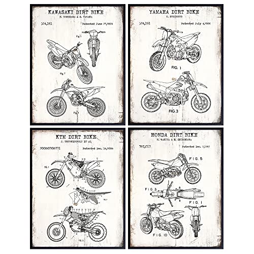 Motorcycle Patent Prints - 8x10 Dirt Bike Wall Art Poster Set - Vintage Rustic Home Decor for Man Cave, Boys, Kids, Teens Room, Office, Garage, Den - Gift for Dirtbike Fans - 8x10 Photo - Unframed