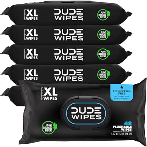 DUDE Wipes Unscented Flushable Wipes - Extra-Large Adult Wet Wipes for Sensitive Skin - 6 Pack (288 Count) - Infused with Vitamin E and Aloe - Septic and Sewer Safe