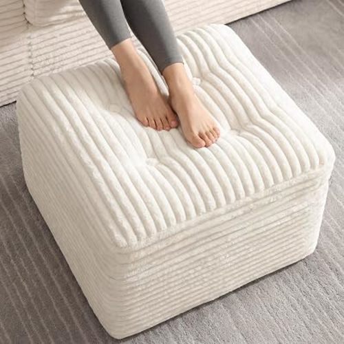 23.6in Pouf Ottoman, Corduroy Ottoman Foot Rest with Dual‑Layer Support, Large Poofy Pouf with Soft Chunk‑Foam Top & Firm Foam Base, Floor Foot Stool for Living Room, Beige