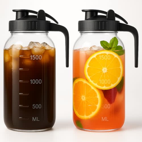 2-Pack Mason Jar Pitcher, 64oz Airtight & Leakproof Glass Pitcher with Lid, 2 Quart (1/2 Gallon) Mason Jar with Pour Spout Lid for Breastmilk, Coffee, Cold Brew, and Iced Sun Tea