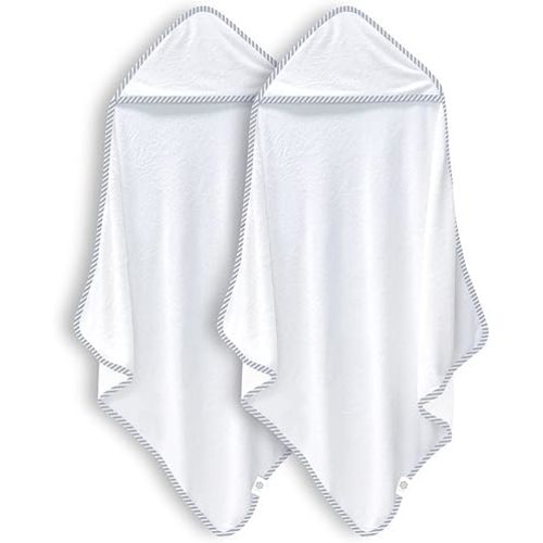 BAMBOO QUEEN 2 Pack Baby Bath Towel - Rayon Made from Bamboo, Ultra Soft Hooded Towels for Kids - X Large Size for 0-7 Yrs (White and Stripe, 37.5 x 37.5 Inch)