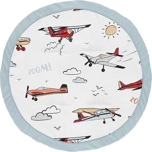 Sweet Jojo Designs Vintage Airplane Boy Baby Playmat Tummy Time Infant Play Mat - Grey Yellow Orange Red White and Blue Airplanes Air Plane Transportation Clouds Sun Sky Aviator Aviation