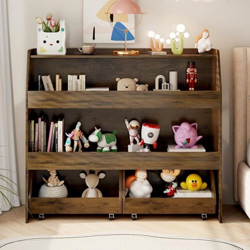 COZPAW Toy Storage Organizer, 3 Tier Montessori Shelf with Movable Bins, Toy Organizers Book Shelf for Kids Room, Playroom, Nursery (Brown)