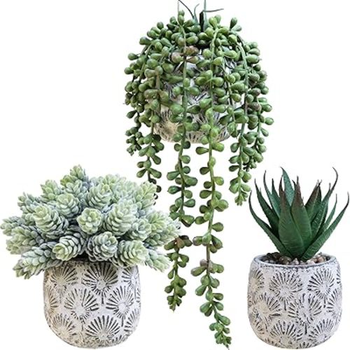 Winlyn Set of 3 Artificial Potted Succulent Plants Faux Aloe Hops String of Pearls in Rustic Concrete Planter Small Fake Desk Plants for Farmhouse Desk Kitchen Bathroom Shelf Windowsill Greenery Decor