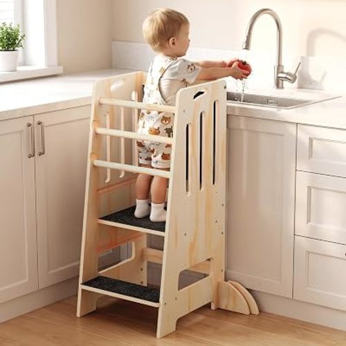 Toddler Tower Kitchen Helper Adjustable Height, Toddler Kitchen Stool with Blackboard, Super Stable Learning Tower with Safety Rails & Soft Non-Slip Pads, Wooden Kids Step Stool(Natural)