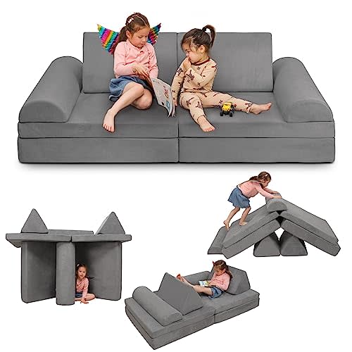 Betterhood Play Couch Sofa for Kids Large Size, Modular Kids Play Couch, Foam Building Fort for Playroom Bedroom, Children Convertible Cushion for Boys and Girls, Grey