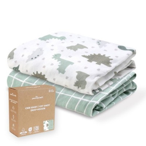 The Peanutshell Sage Dino, Windowpane Organic Cotton Crib Sheets for Baby Boys, 2 Pack