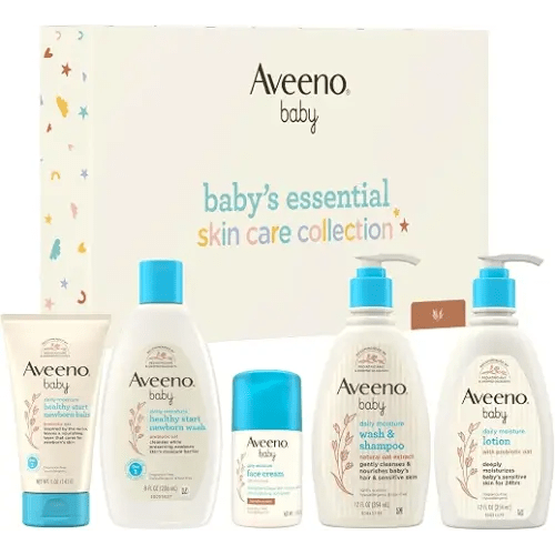 Aveeno Baby Essential Skincare Gift Set, 5-Piece Collection | Wash and Shampoo, Daily Moisture Body Lotion, Face Moisturizer, Newborn Wash and Baby Balm