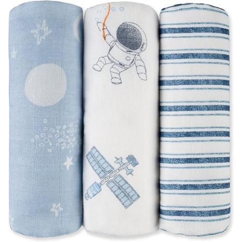 GLLQUEN BABY Receiving Blanket Boy Cotton Muslin Swaddle Blankets Girl Newborn Squares Breathable & Soft Thin Baby Blankets Cloths Double Absorbent Infant Swaddling Wrap - 3 Pack (Blue Astronaut)