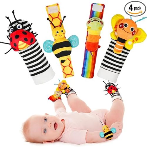 Infinno Baby Wrist Rattle Socks and Foot Finder Set, Perfect Baby Toys for 0-12 Months Newborn Boys and Girls As Shower Gifts, Garden Bug Series