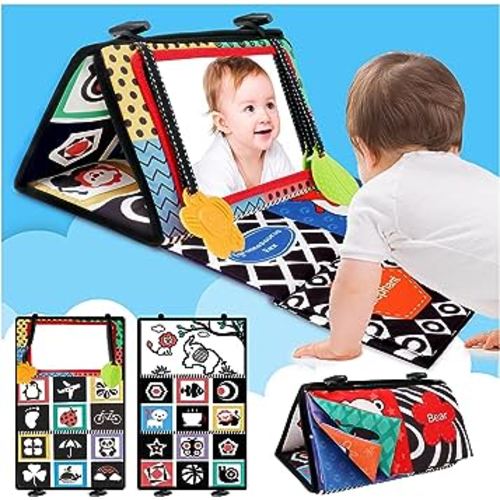 Baby Toys Tummy Time Mirror: Infant Black White high Contrast Sensory Toy with Crinkle Book 0 3 6 9 12 18 Month Old Newborn Montessori Activity Babies Gifts for Boy Girl 0-6 6-12 Months
