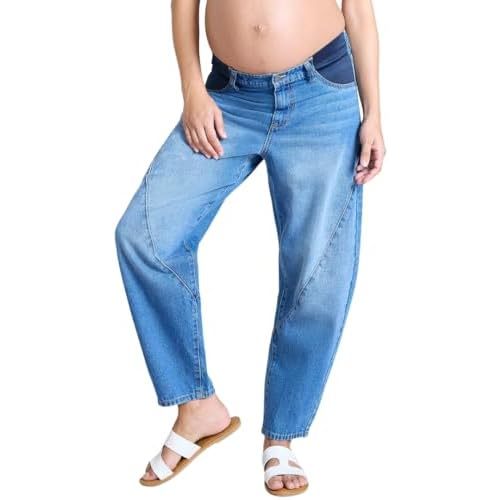 Motherhood Maternity Women's Under The Belly Elastic Waist Relaxed Barrel Leg Denim Pregnancy Jeans