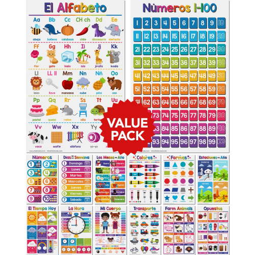 Spanish Educational Posters for Kids – Bundle of 14 Bilingual Classroom and Homeschool Learning Chart Decorations and School Materials, Preschool to Grade 3 | Durable, Glossy Cardstock | 11" x 17"
